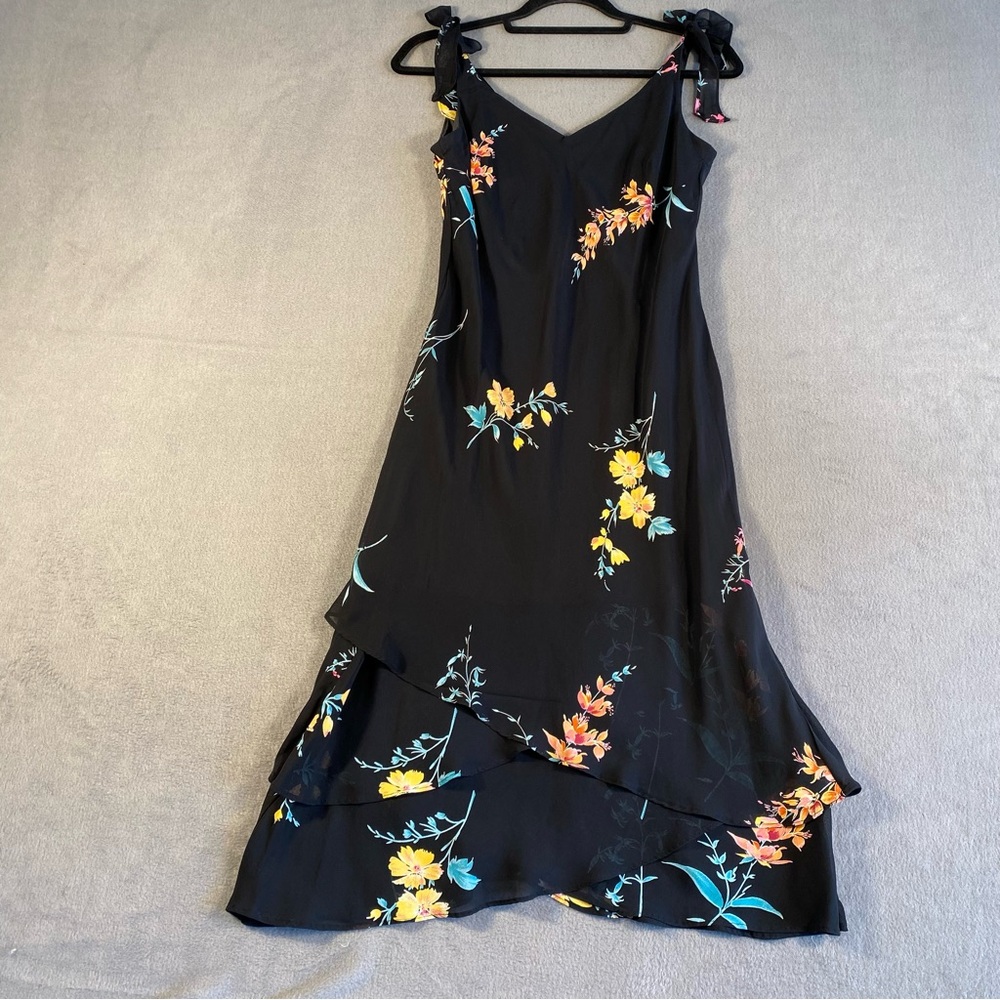 Evan-Picone petite Women’s Black floral sleeveless ruffle midi Dress, lined, 6P